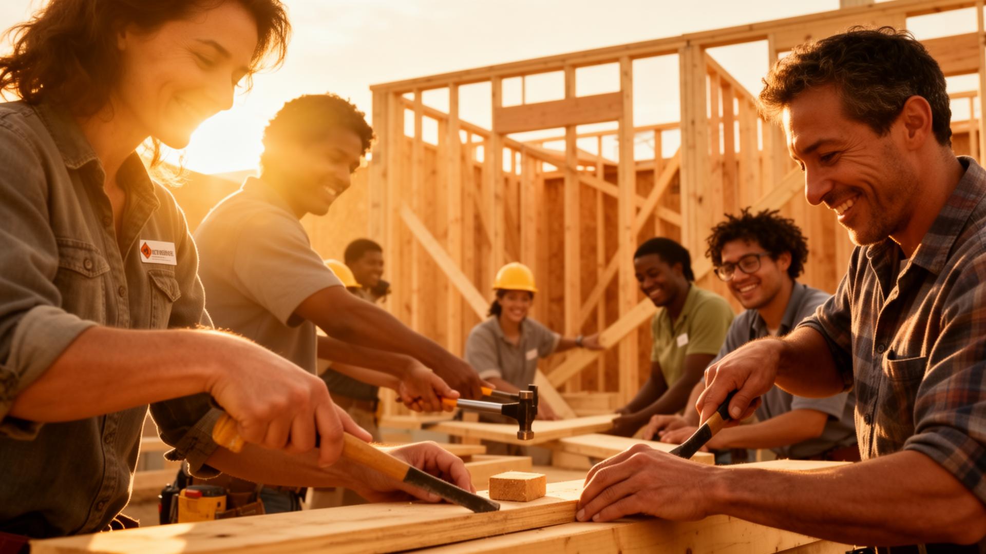 Volunteers building a home together at golden hour